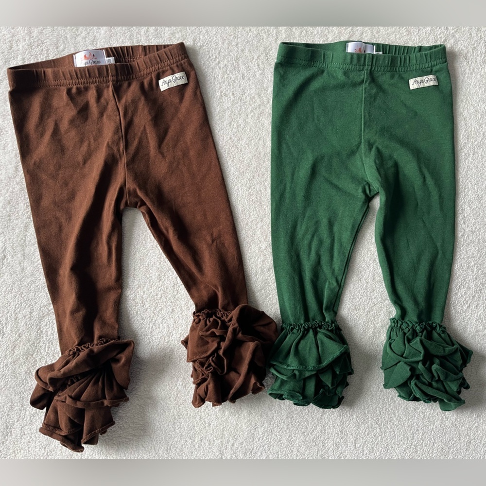 Arya Grace bundle leggings w/ bottom bell embellishments, brown green 18 months